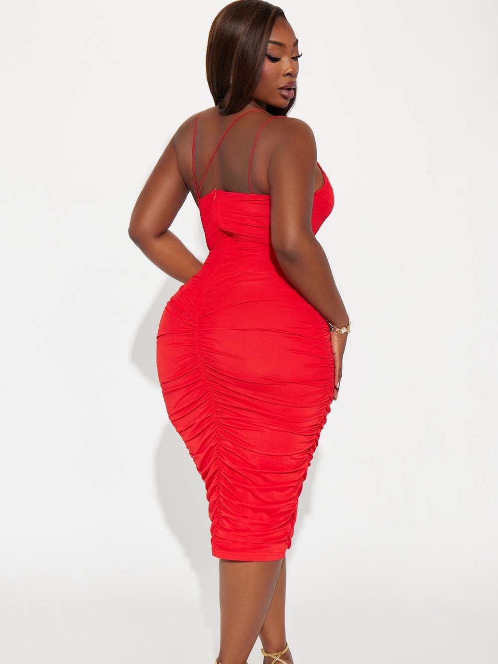 Red Ruched Midi Dress - Picture 2 of 3